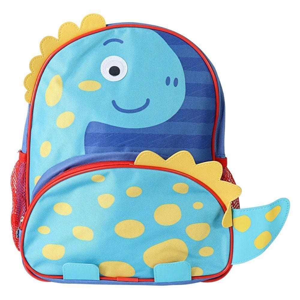 Mochila Infantil Dinossauro Azul Com Bolso Frontal E Alças