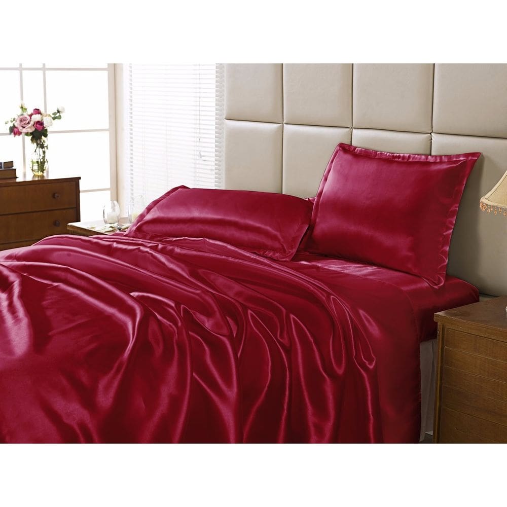 Jogo Lençol Casal Padrão Cetim Seda Vermelho C/ Vira 4 Peças