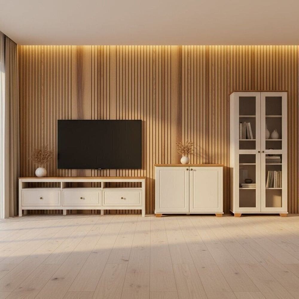 Conjunto de Sala 3 Peças com 1 Rack, 1 Cristaleira e 1 Armário Ananda Cabecasa MadeiraMadeira Off White/Mel