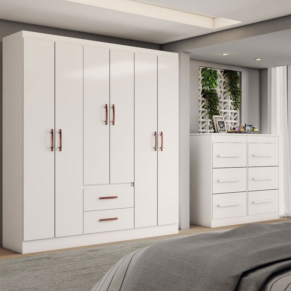 Guarda-Roupa Solteiro Europa 6 Portas 2 Gavetas e Cômoda 6 Gavetas Branco - Panorama Móveis