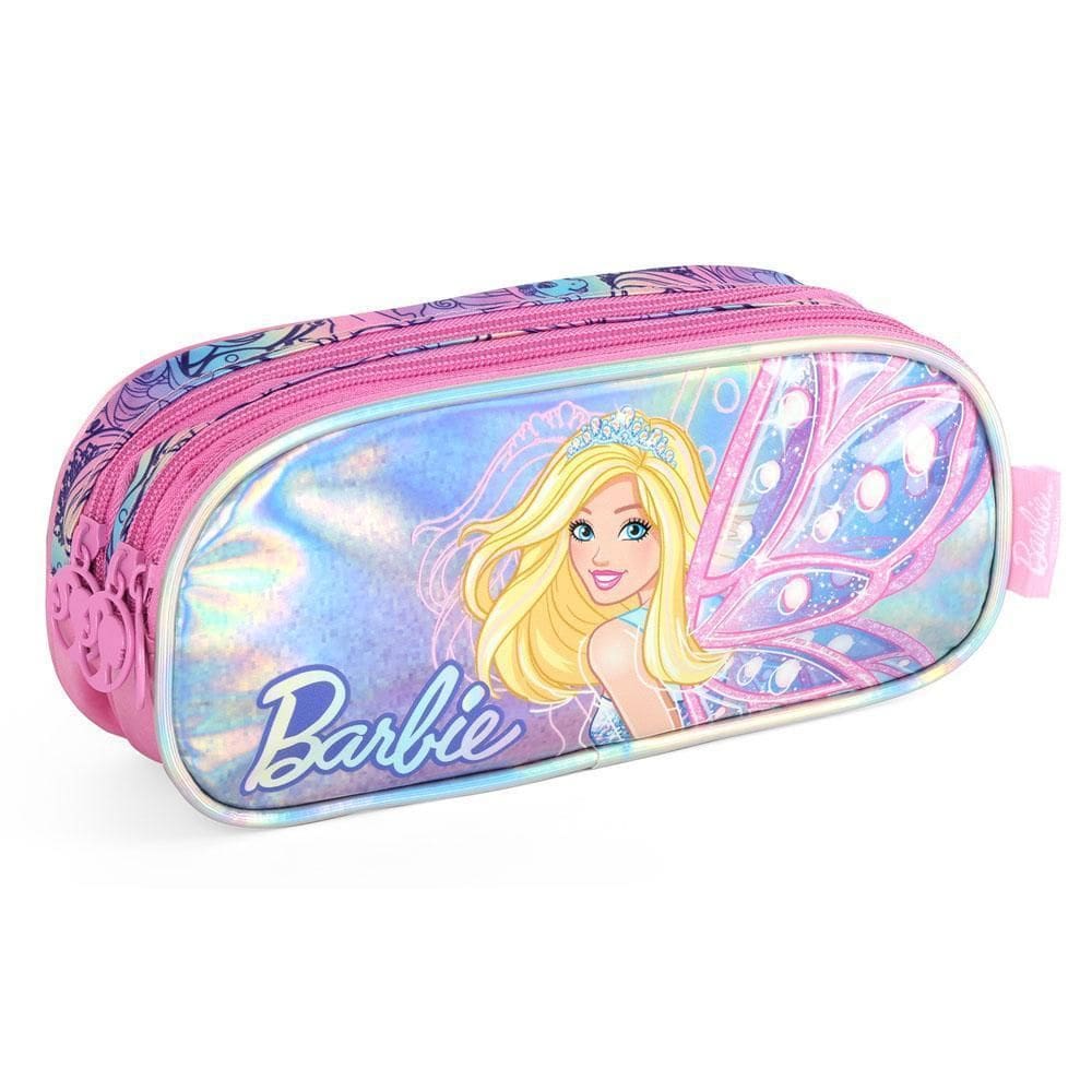 Estojo 3 Divisórias Barbie Fada Holográfico Rosa Luxcel