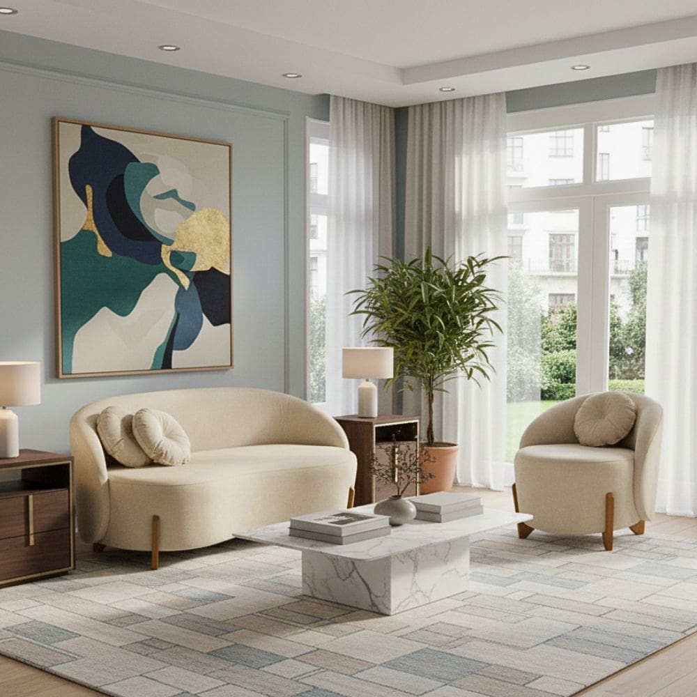 Conjunto 01 Poltrona + Sofá Curvo Orgânico Amsterdã Bouclê Bege - Montanari`s Decor