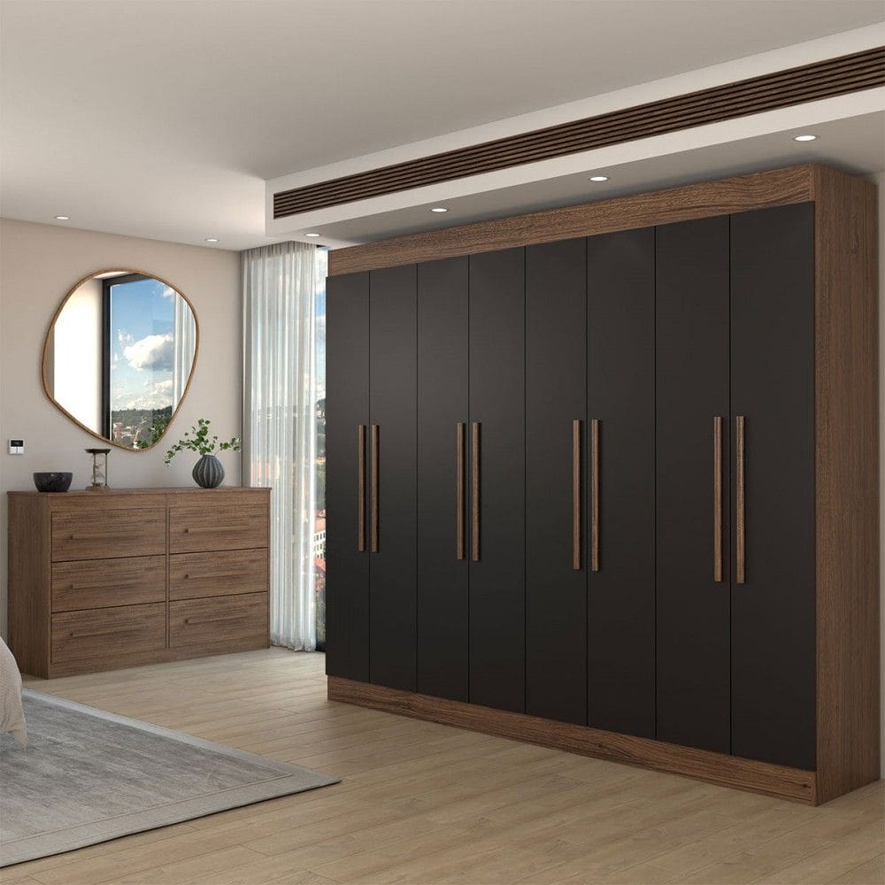 Guarda-Roupa Casal Europa 8 Portas 4 Gavetas e Cômoda 6 Gavetas 100% Mdf Castanho/Preto - Panorama Móveis