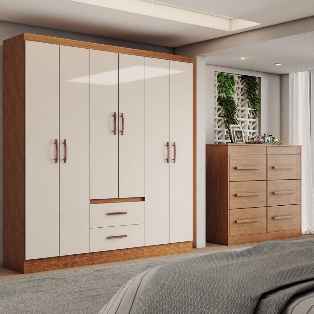 Guarda-Roupa Solteiro Europa 6 Portas 2 Gavetas e Cômoda 6 Gavetas Cinamomo/Off White - Panorama Móveis