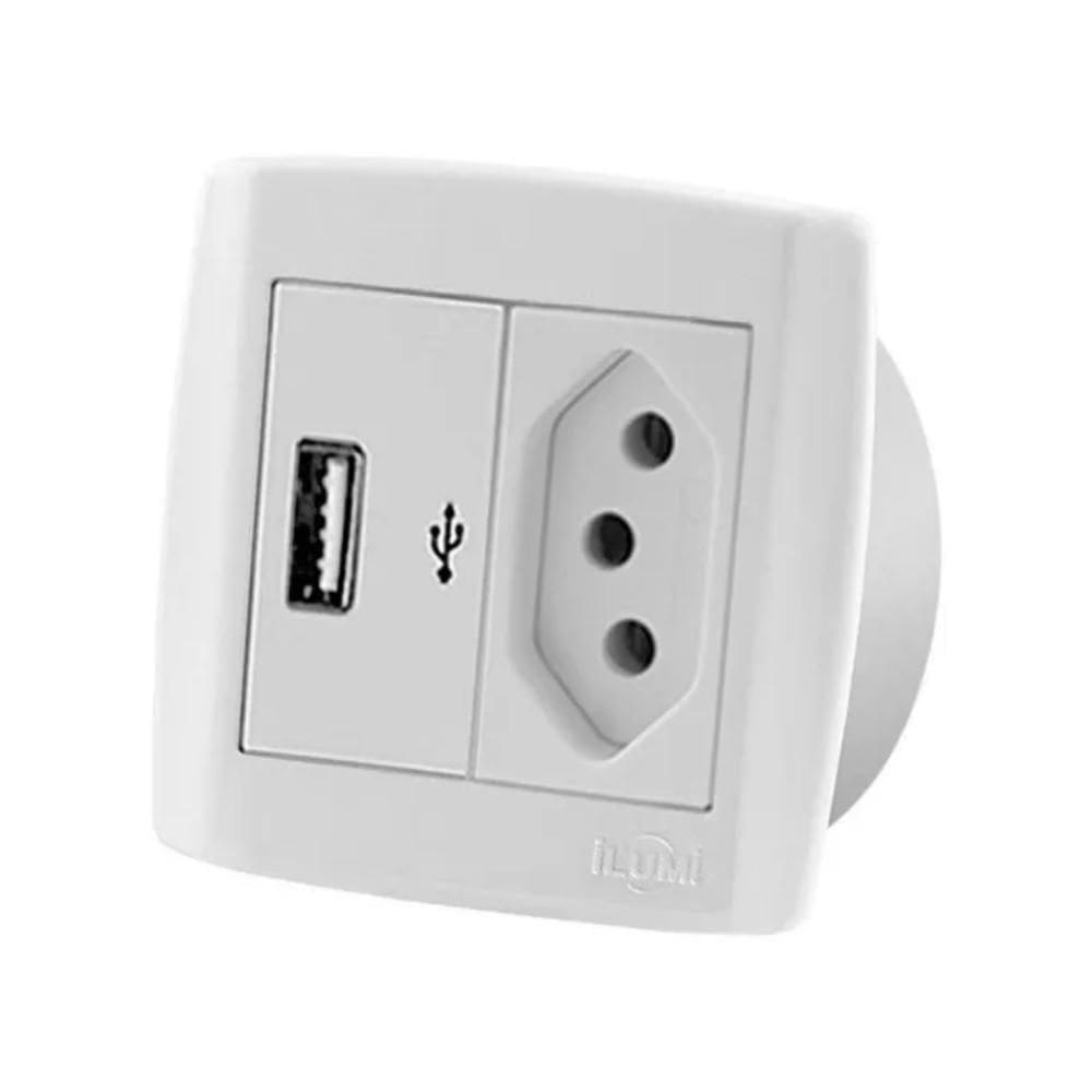 Usb 2A + Tomada 10A Para Móveis Ilumi Slim Branca Nbr 14136