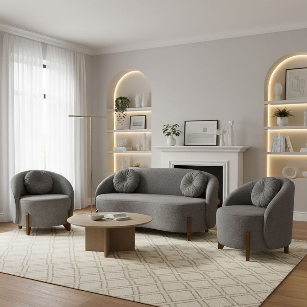 Kit 01 Sofá 2 Lugares + 02 Poltronas Orgânicos c/ Almofadas Curvo Sala Recepção Amsterdã Boucle Cinza - Montanari`s Decor
