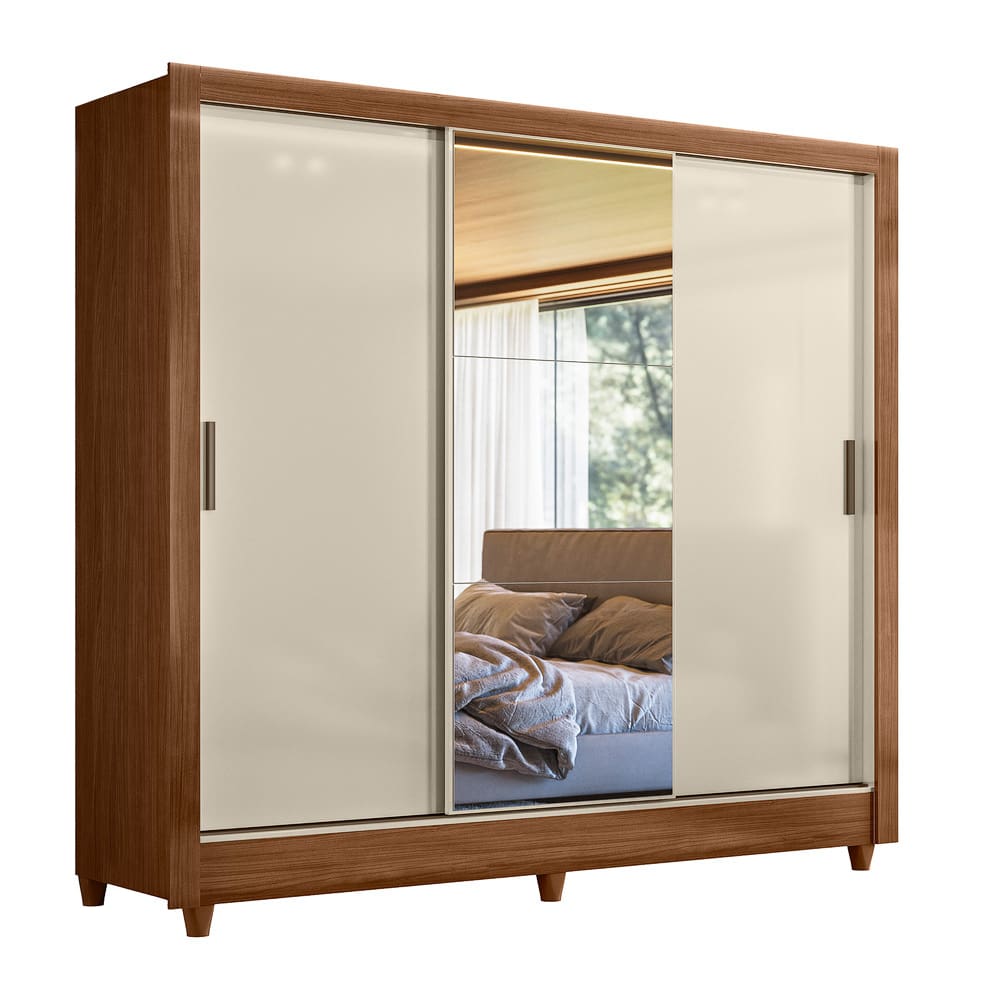Guarda Roupas Casal com Espelho 3 Portas de Correr 2 Gavetas França Andirá