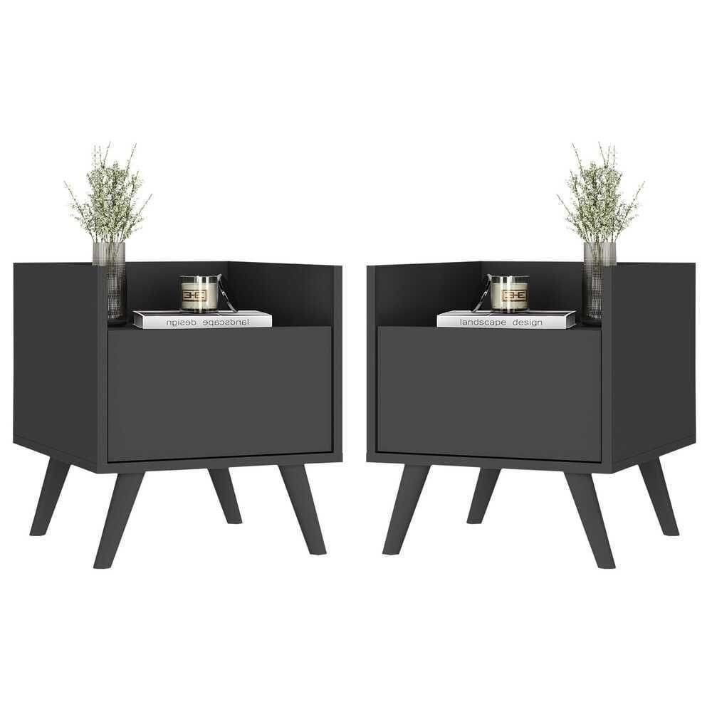 Kit Com 2 Mesas De Cabeceira 40Cm Retrô Multimóveis V4044 Preta Preto