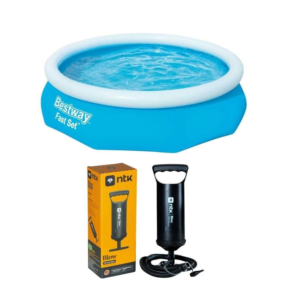 Kit Piscina Inflável Bestway Fast Set 3.800 Litros Azul Com Bomba De Ar Manual Blow Com 3 Bicos Adaptadores Nautika