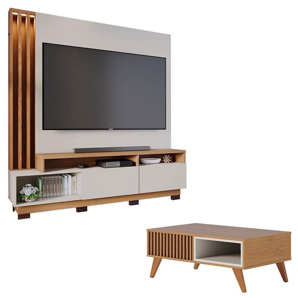 Estante Home Theater Humaitá Com Pés Off White Matte Freijó e Mesa de Centro Jeri Freijó Off White - Colibri