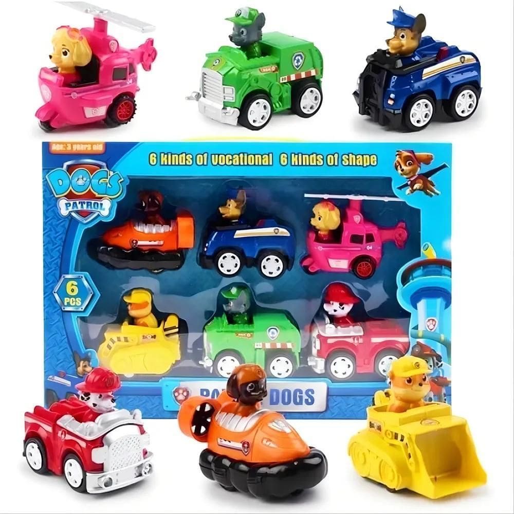 Kit Patrulha Canina 6 Carrinhos 6 Cachorros De Brinquedo