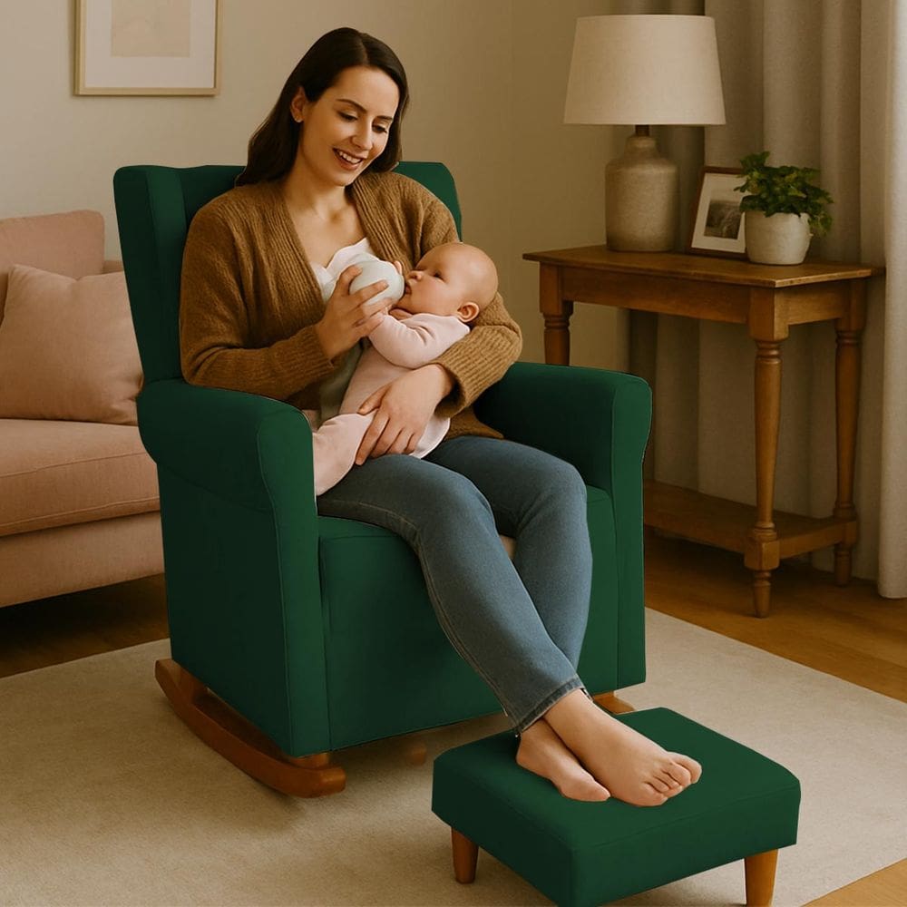 Poltrona Aquila Amamentação Balanço e Puff Baby Verde