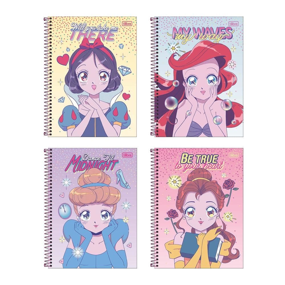 Caderno espiral univ 1x1 80 folhas Princesas Mangá Tilibra