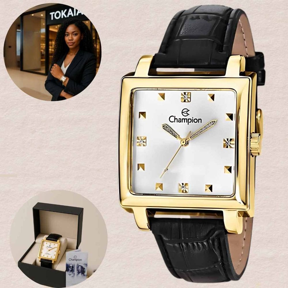 Relógio Champion Feminino CN28106H Analógico Caixa Quadrada Dourada Mostrador Prata Pulseira Preta Couro Resistente À Água