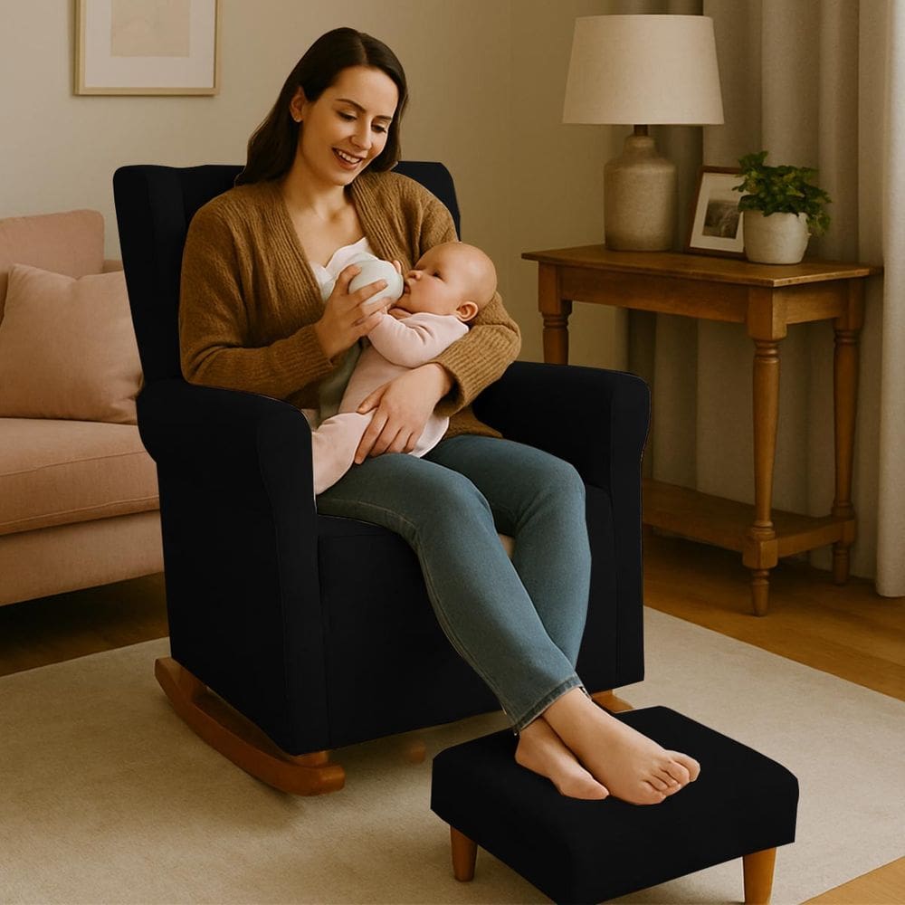 Poltrona Aquila Amamentação Balanço e Puff Baby Preto