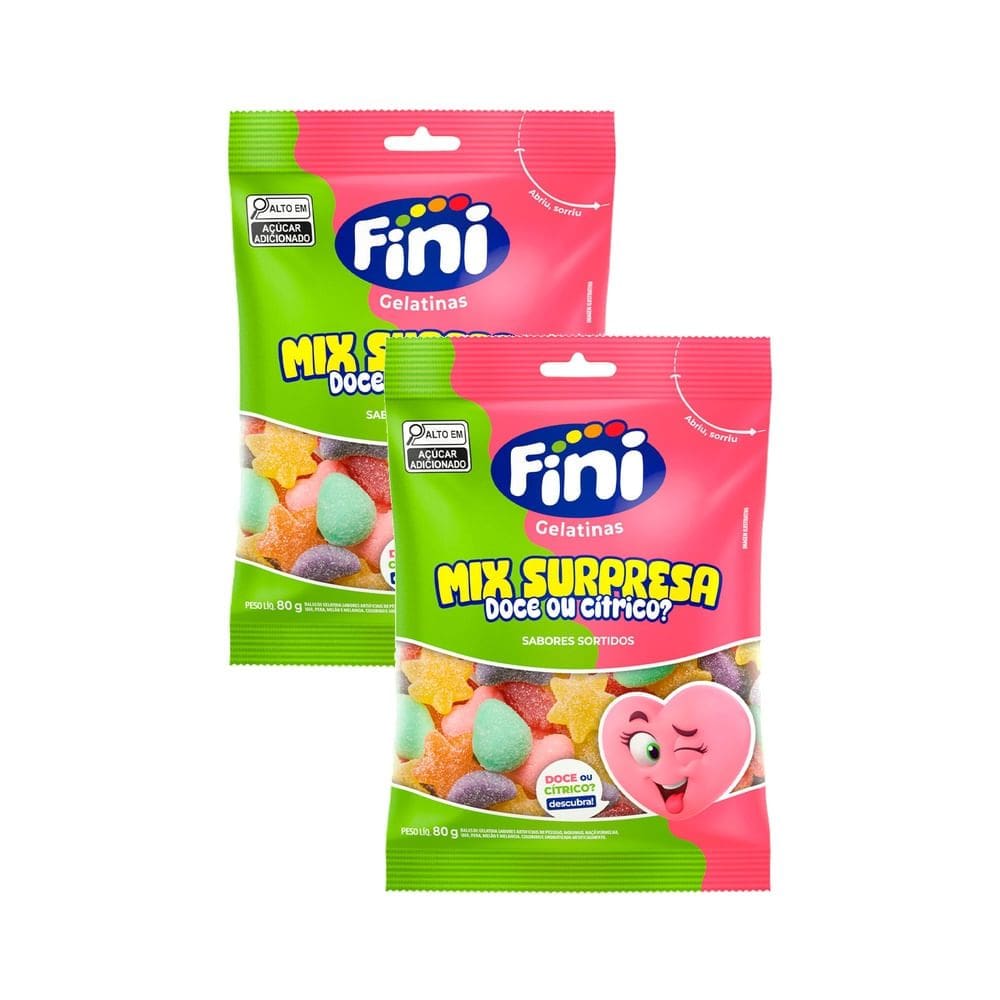 Kit 2 Balas Gelatinas Fini Mix Surpresa Doce ou Cítrico? Sabores diversos 80g