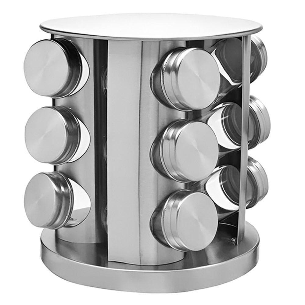 Porta Temperos Com Suporte Inox 12 Frascos De Vidro Com Base Rotatória Para Cozinha