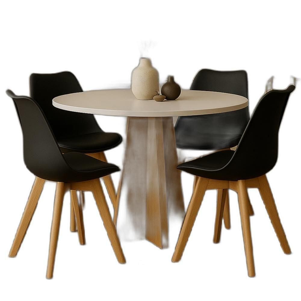 Conjunto Mesa Redonda 90cm Com 4 Cadeiras Pretas Pés Em Madeira