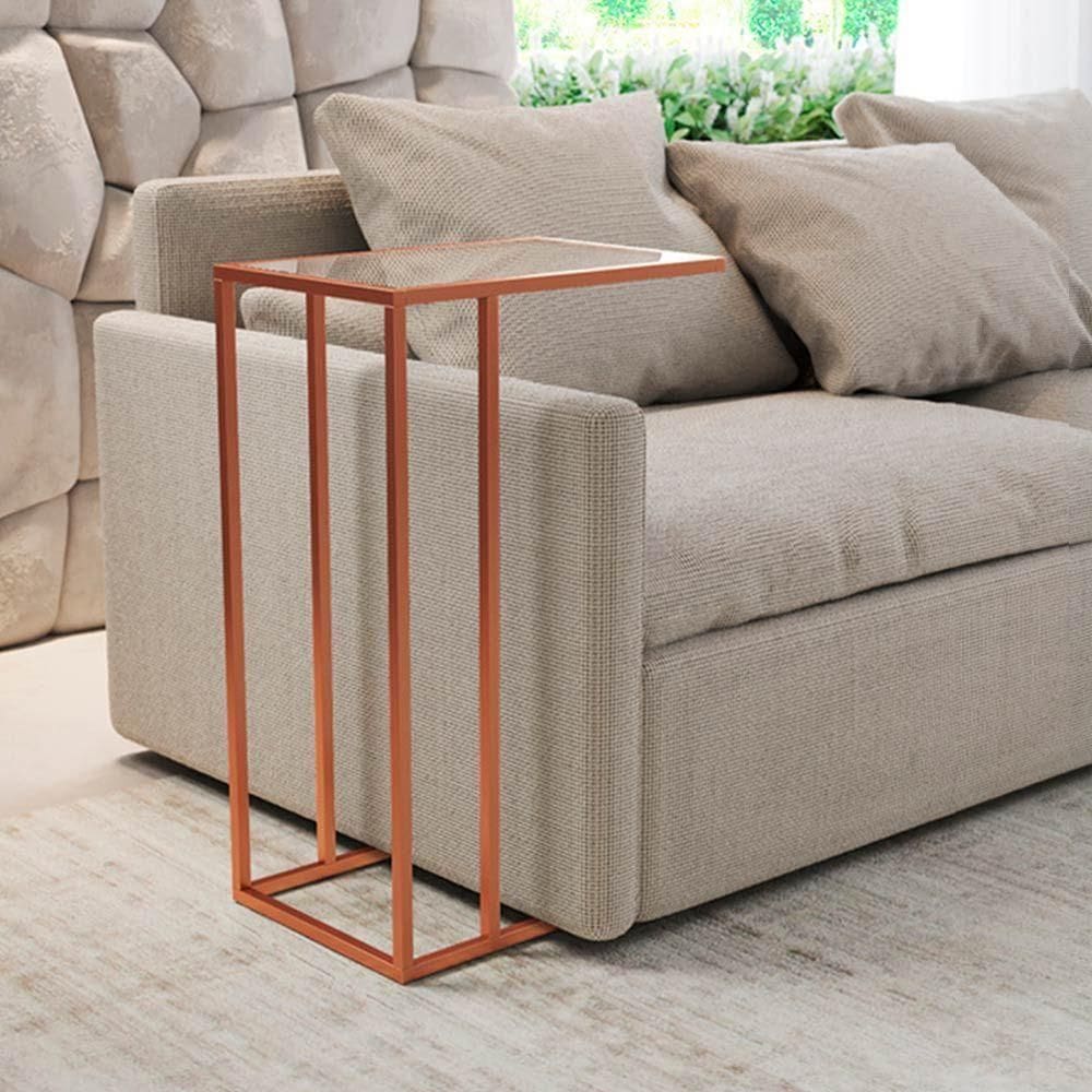 Mesa Lateral Elena Industrial Cobre Com Tampo De Vidro