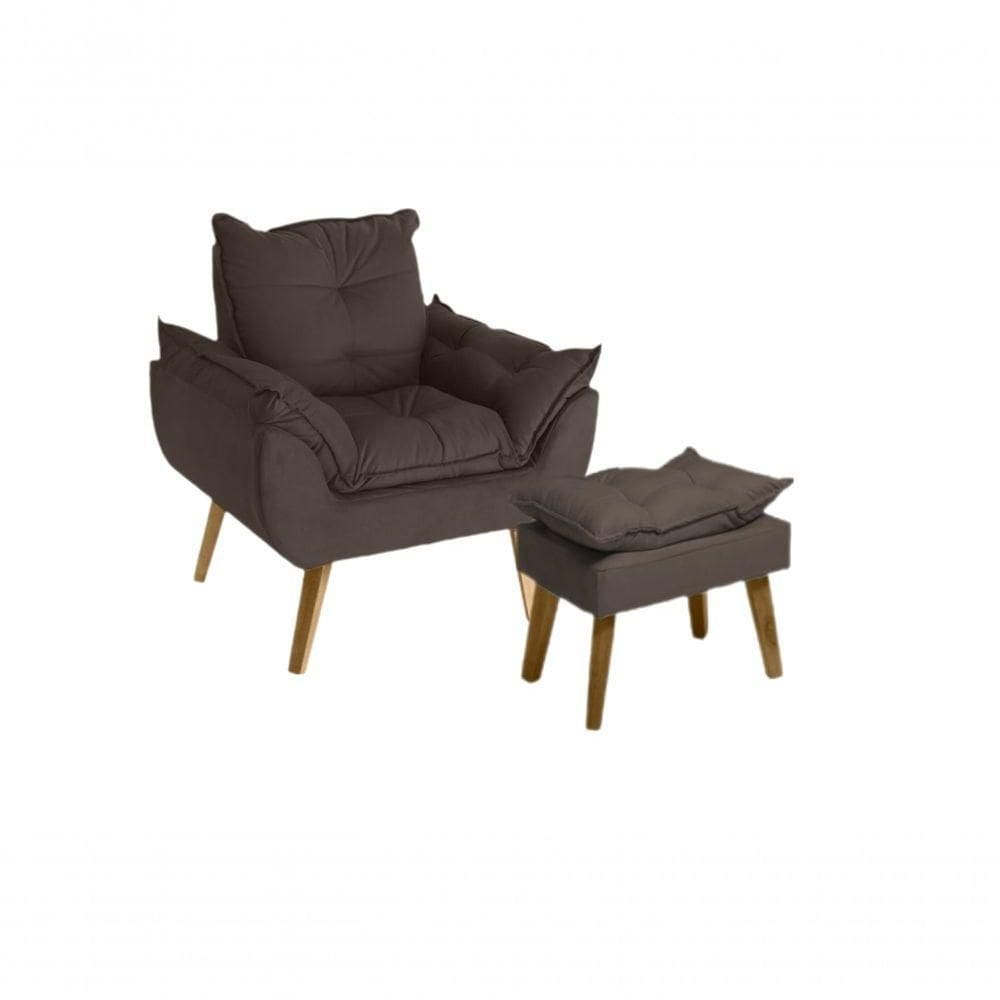 Poltrona Cadeira Decorativa E Puff Glamour Com Pés Quadrado Marrom