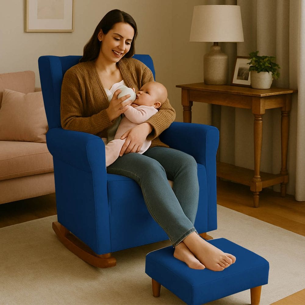 Poltrona Aquila Amamentação Balanço e Puff Baby Marinho