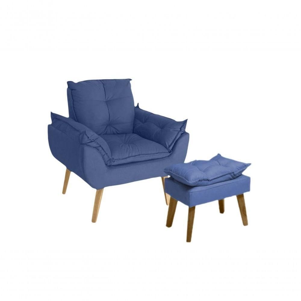 Poltrona Cadeira Decorativa E Puff Glamour Com Pés Quadrado Azul Marinho