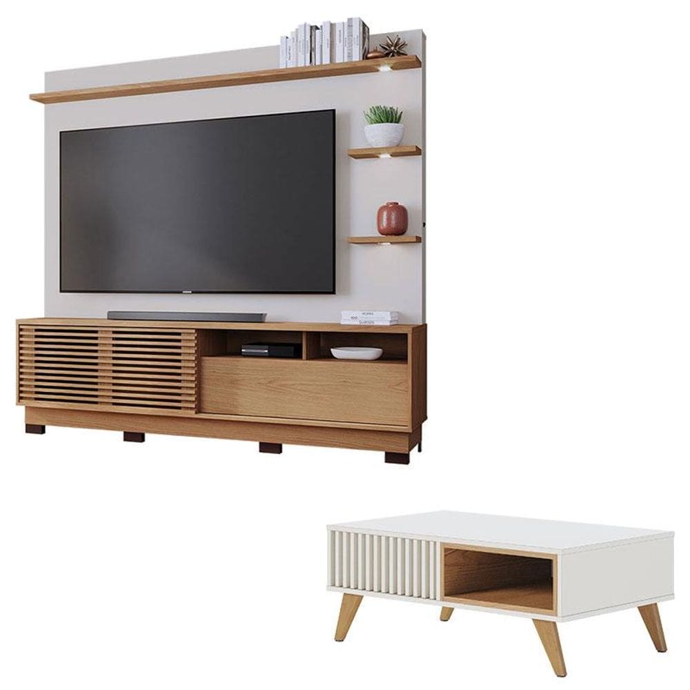Estante Home Theater Com Pés Campeche Freijó Off White Matte e Mesa de Centro Jeri Off White Freijó - Colibri