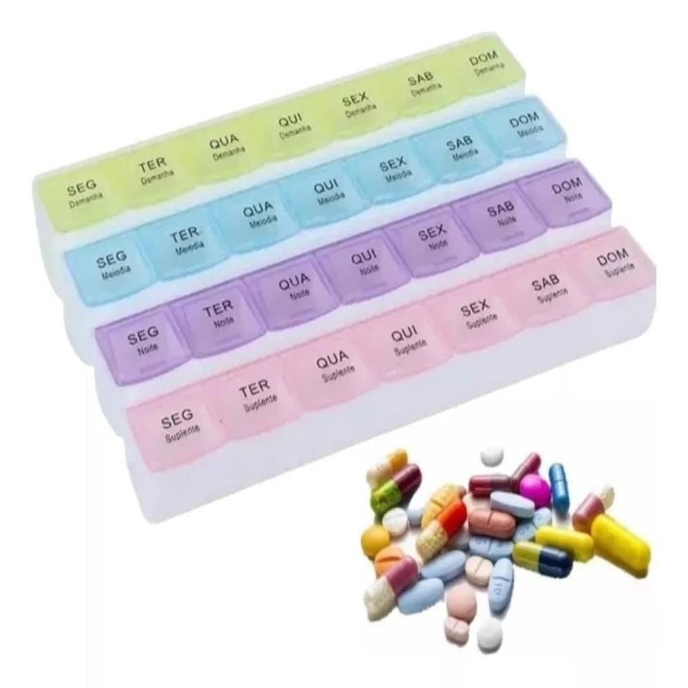 Porta Remedios Semanal Caixa Comprimidos Organizador Diario Suplementos Colorido 28 Divisoes