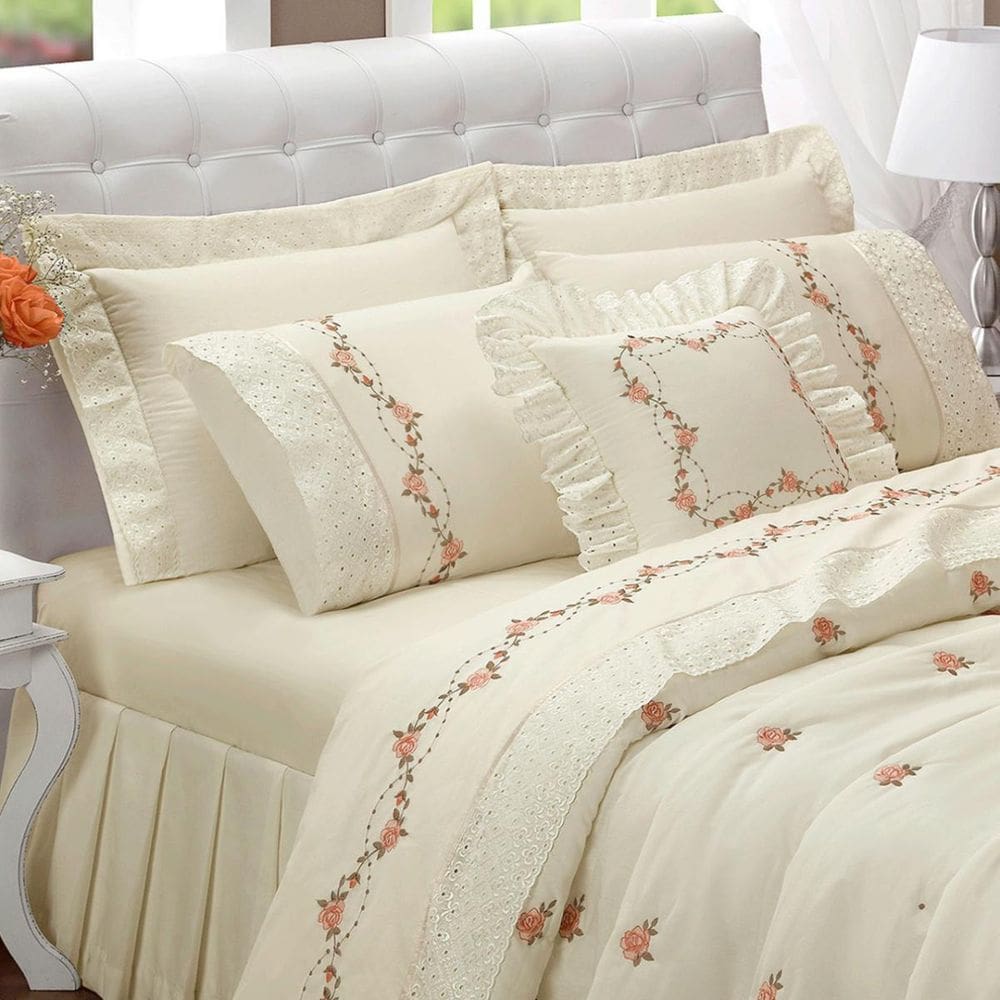 Cobre Leito Queen Size 100%Algodão Daphane Bordado Super
