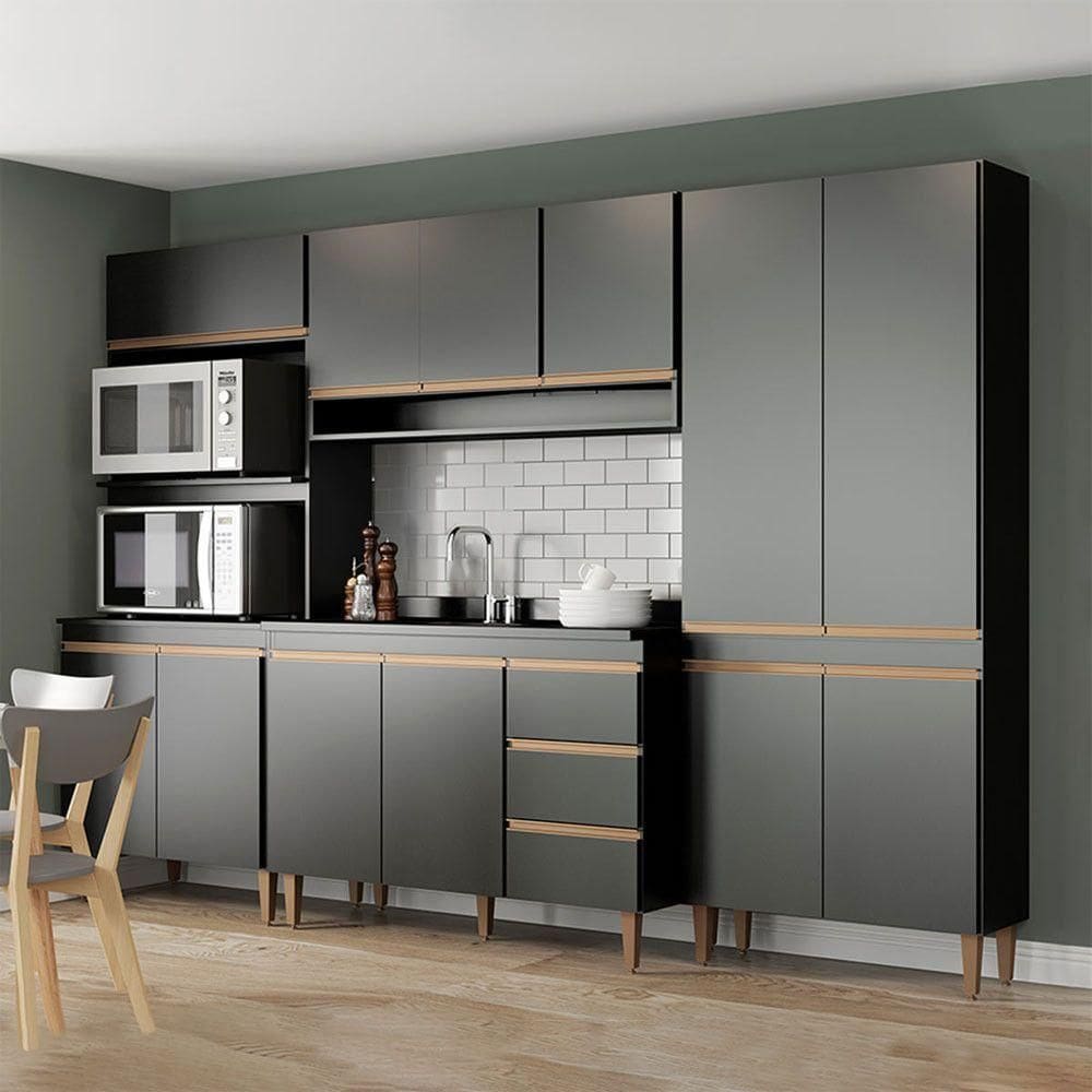 Cozinha Modulado Sabrina 280x200cm 4 Peças Mdp Menu Móveis Preto