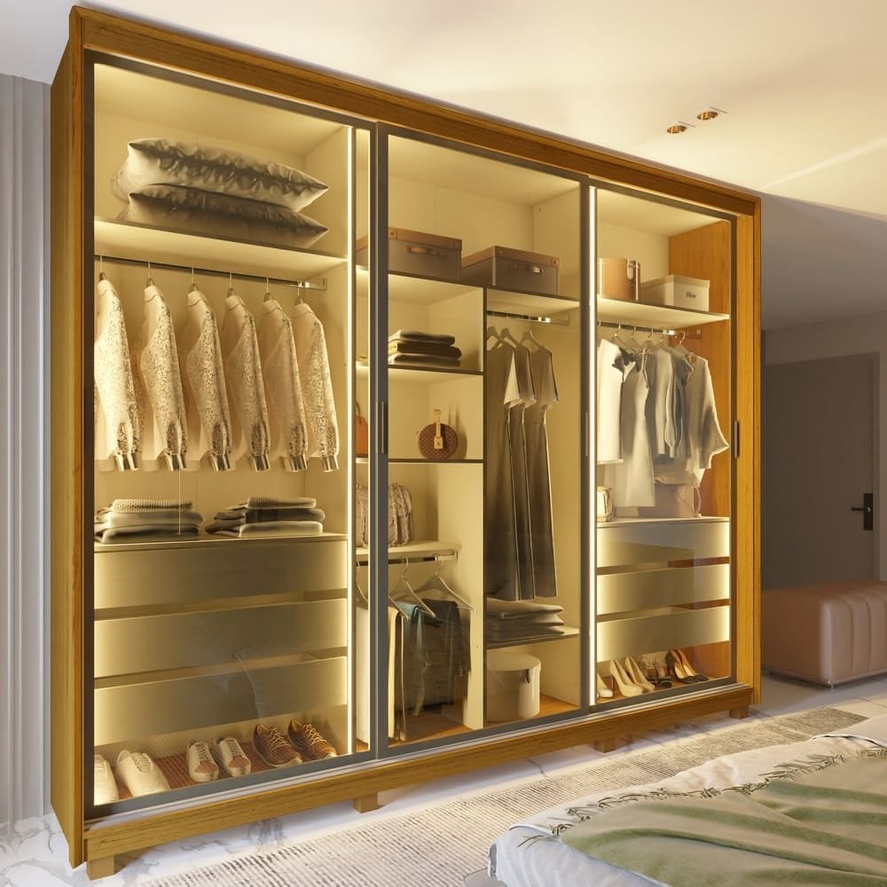 Guarda Roupa 100% MDF Platinum LED 3 Portas Reflecta Naturale Off White - Gelius