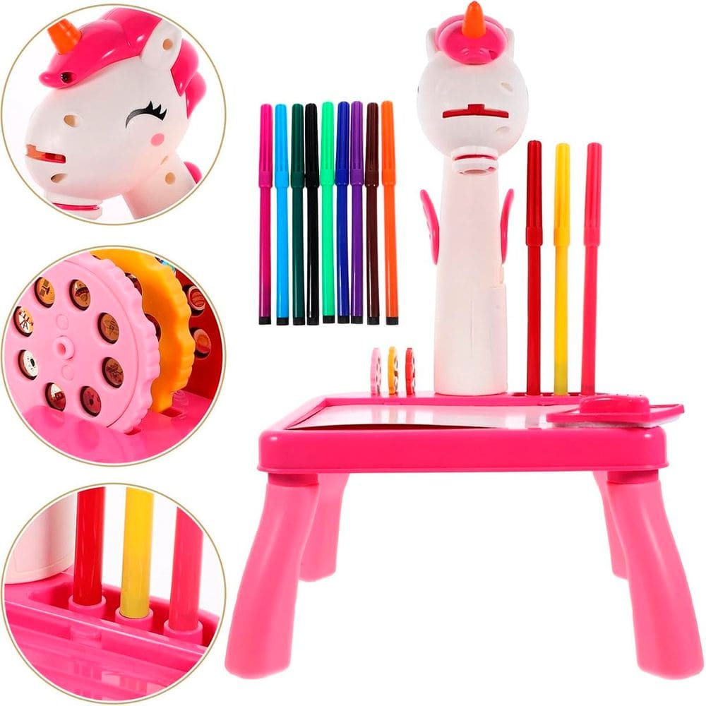 Brinquedo Mesinha De Pintura Projetor Rosa Unicórnio Canetas