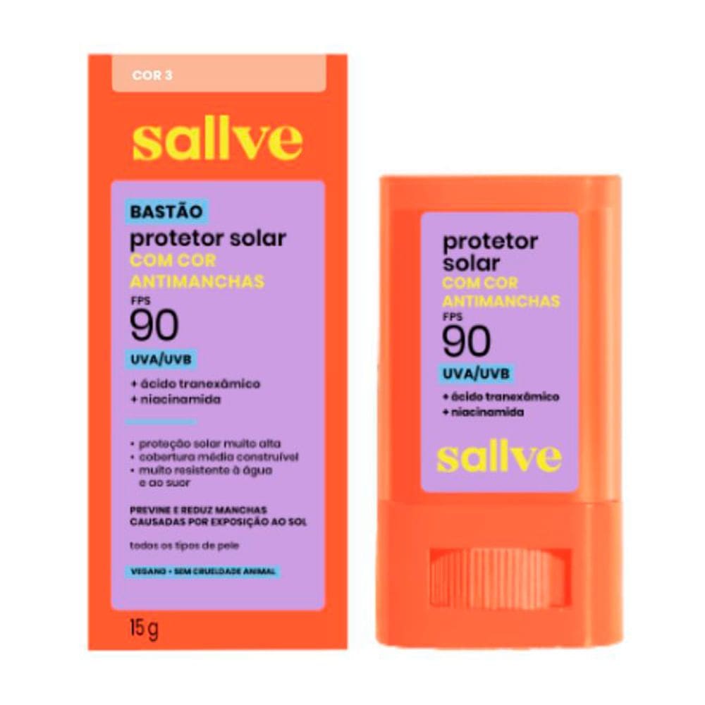 Protetor Solar Sallve Bastão com Cor Antimanchas FPS 90 Cor 3 15g