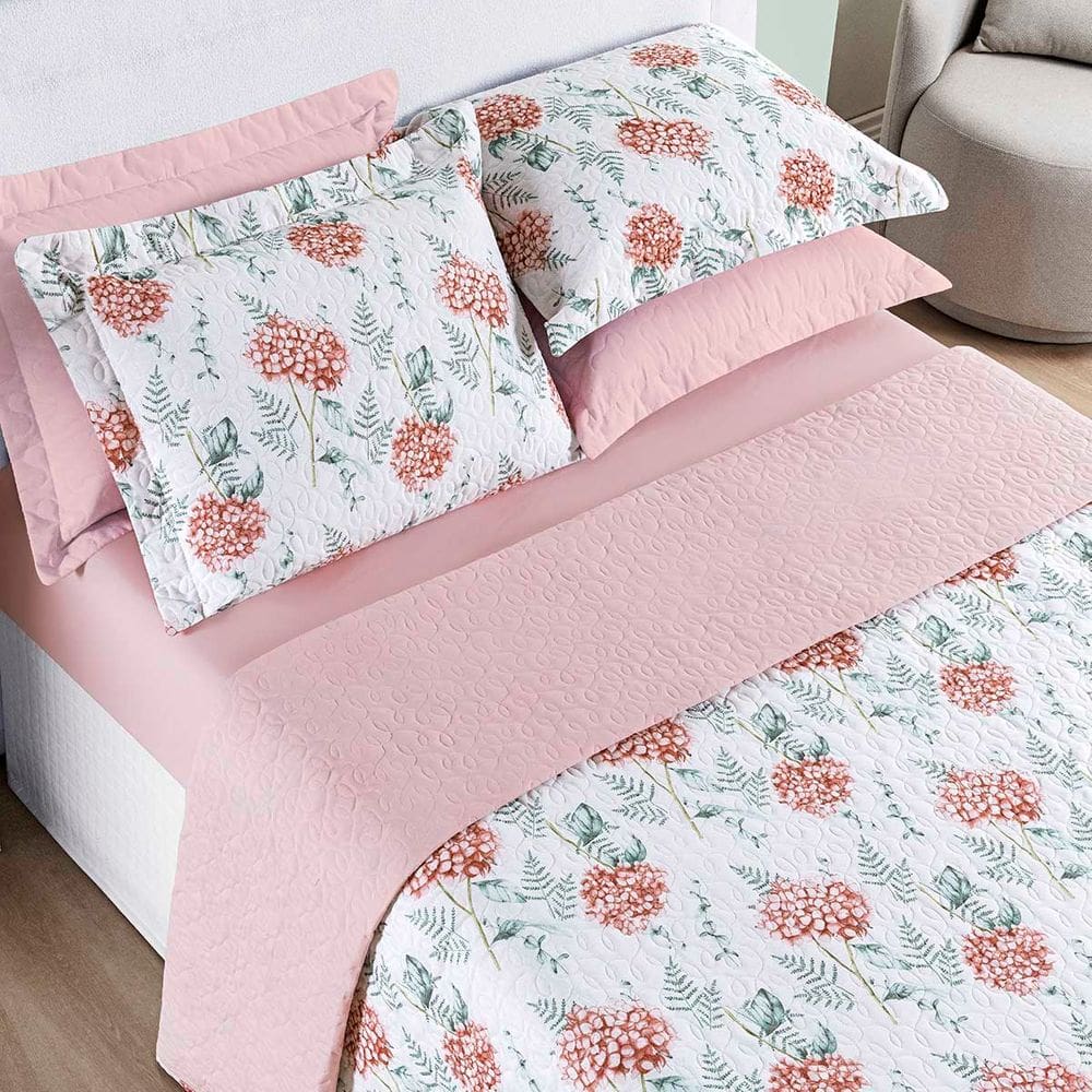 Kit Cobre Leito Colcha Maris Queen Estampado Dupla Face Percalle 200 Fios 3 Peças Hortênsia Salmão