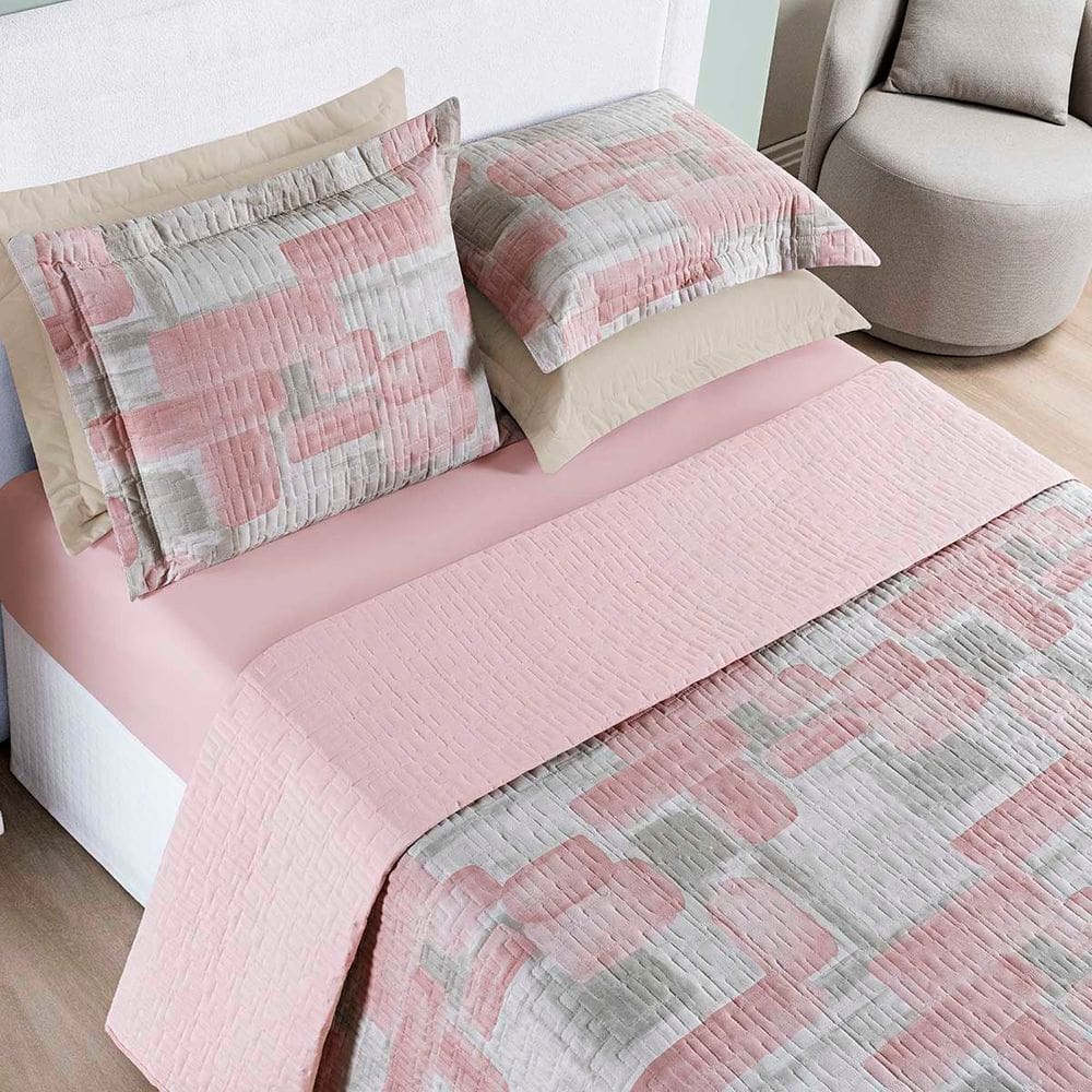 Kit Cobre Leito Colcha Maris Casal Padrão Estampado Dupla Face Percalle 200 Fios 3 Peças Quadri Rosê