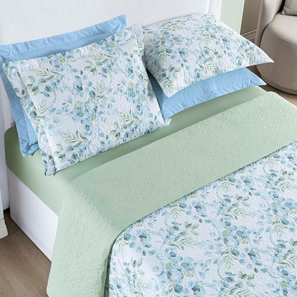 Kit Cobre Leito Colcha Maris King Estampado Dupla Face Percalle 200 Fios 3 Peças Forest Verde