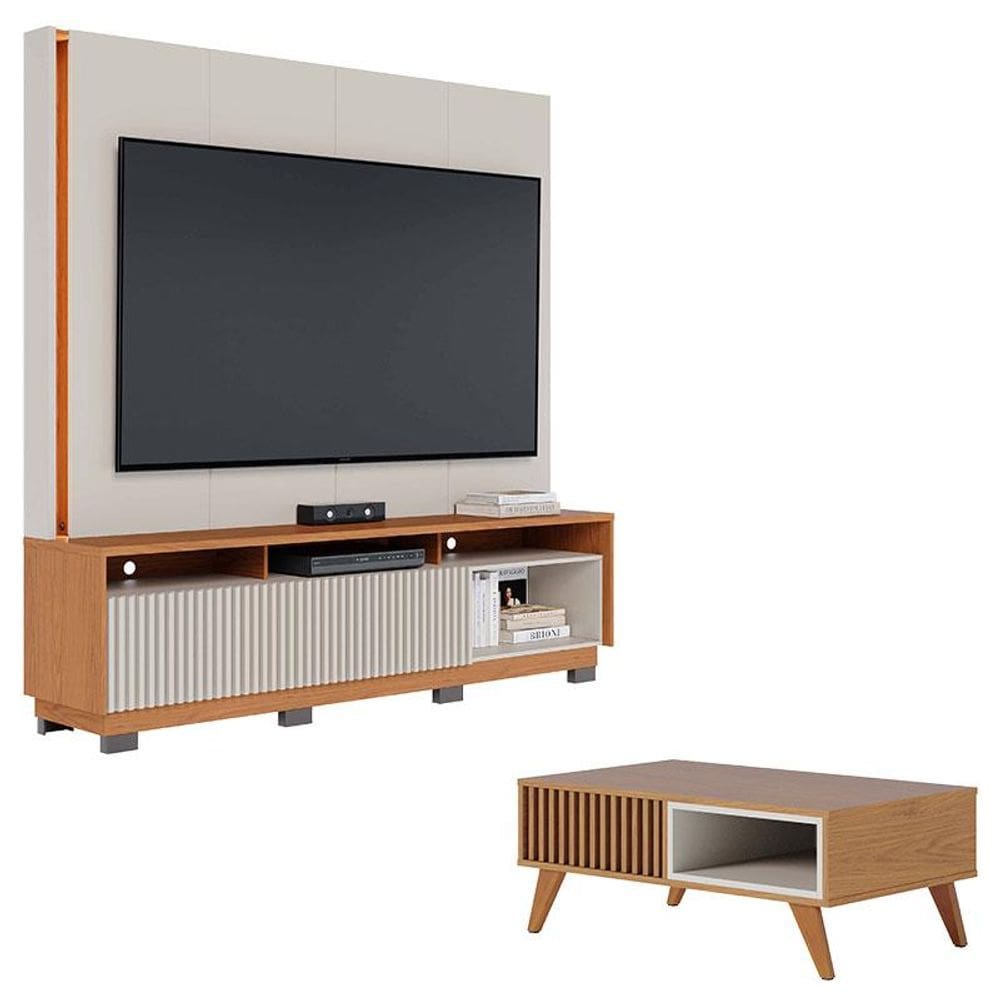 Estante Home Theater Jordão Com Pés Off White Freijó e Mesa de Centro Jeri Freijó Off White - Colibri