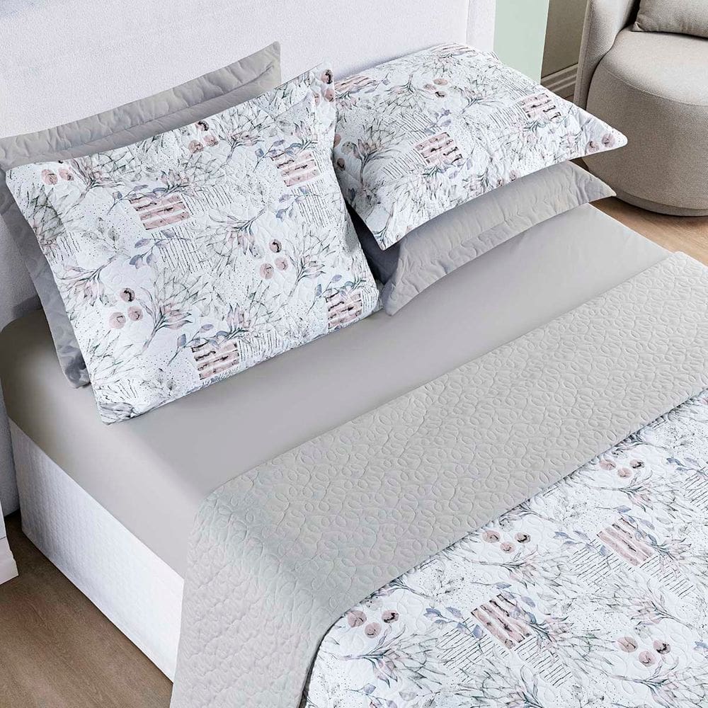Kit Cobre Leito Colcha Maris Casal Padrão Estampado Dupla Face Percalle 200 Fios 3 Peças Protea Cinza