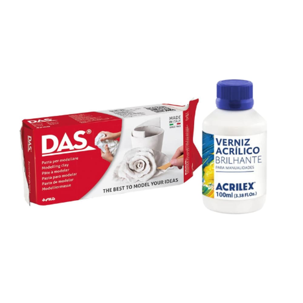 Massa Das Ceramica Branca Fria Para Modelar 500g Com Verniz Acrílico Brilhante 100ml Acrilex