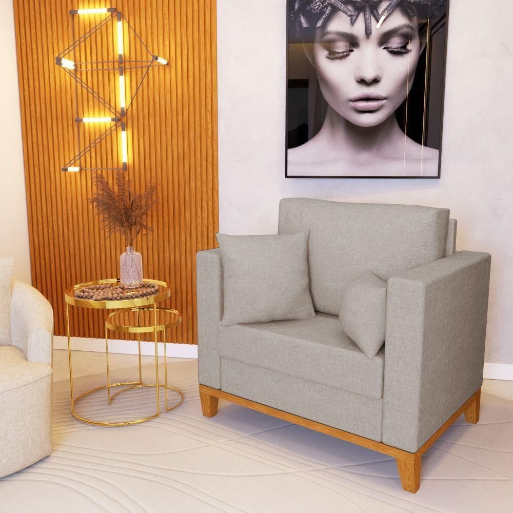 Poltrona Beny Decorativa Com 2 Almofadas Linho Bege Base Em Madeira Maciça
