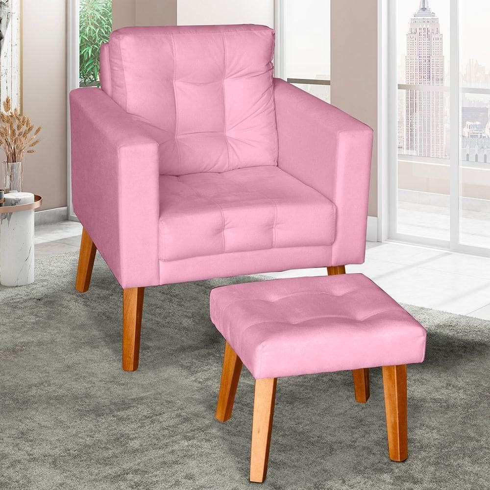 Sofá Poltrona Cadeira Decorativa Com Puff Glamour Dubai Com Pés Em Madeira Rosê