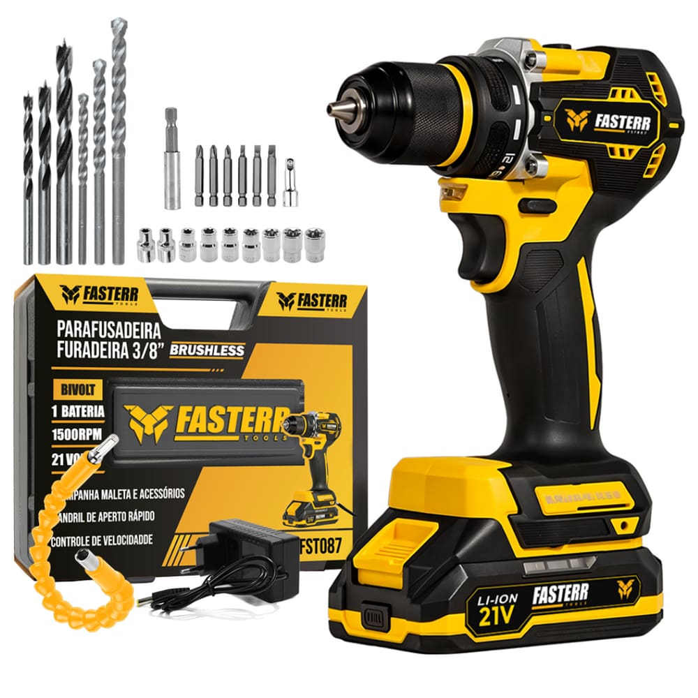 Parafusadeira Furadeira 3/8 Compacta 21V Brushless com 1 Bateria + 24 Acessórios FASTERR - FST087