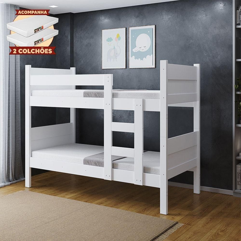 Beliche 100% Mdf Fortaleza - Duas Camas Solteiro Compacta E Moderna Branco Com 2 Colchões
