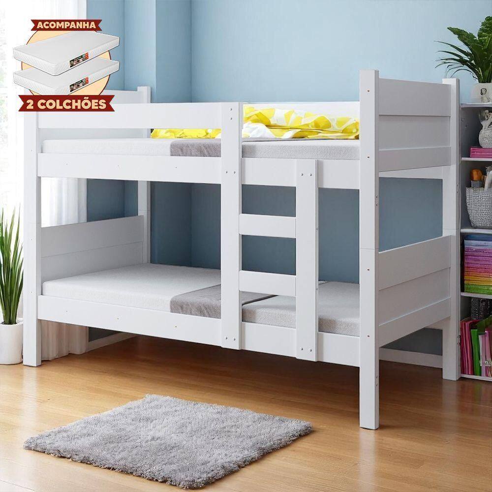 Beliche Resistente Fortaleza Em Mdf Vira 2 Camas Solteiro Branco Com 2 Colchões