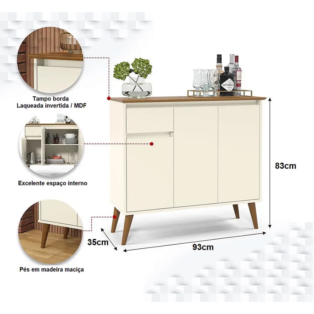 Aparador Veneza 3Pts 1Gav - Pé Palito Off White / Freijo