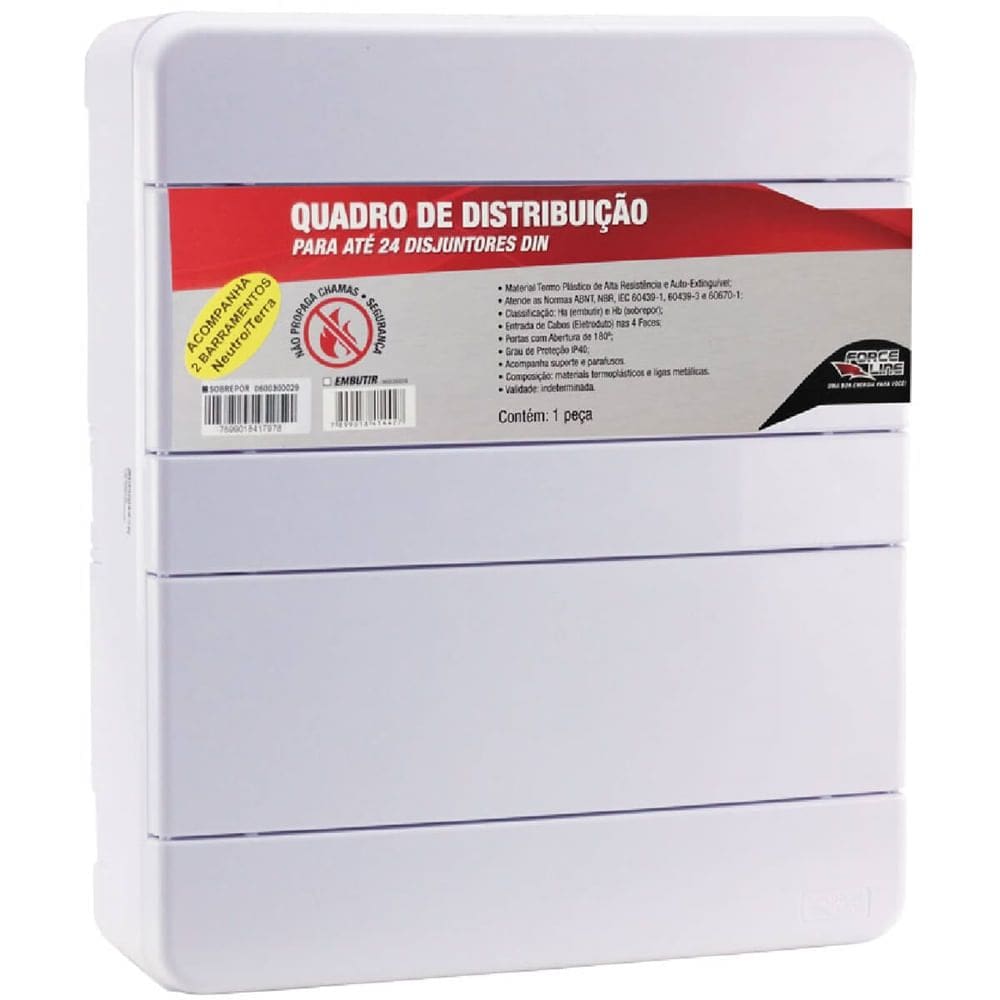 Quadro de Distribuição de Sobrepor 24 Disjuntores DIN com Barramento - 600300029 - FORCELINE