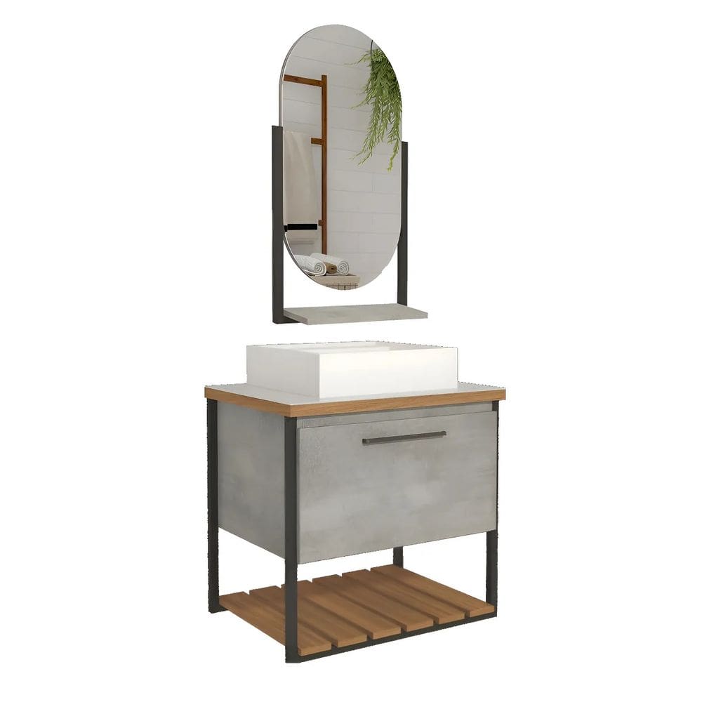 Armário Banheiro 80cm Mdf Com Espelheira 1 Porta Cimento