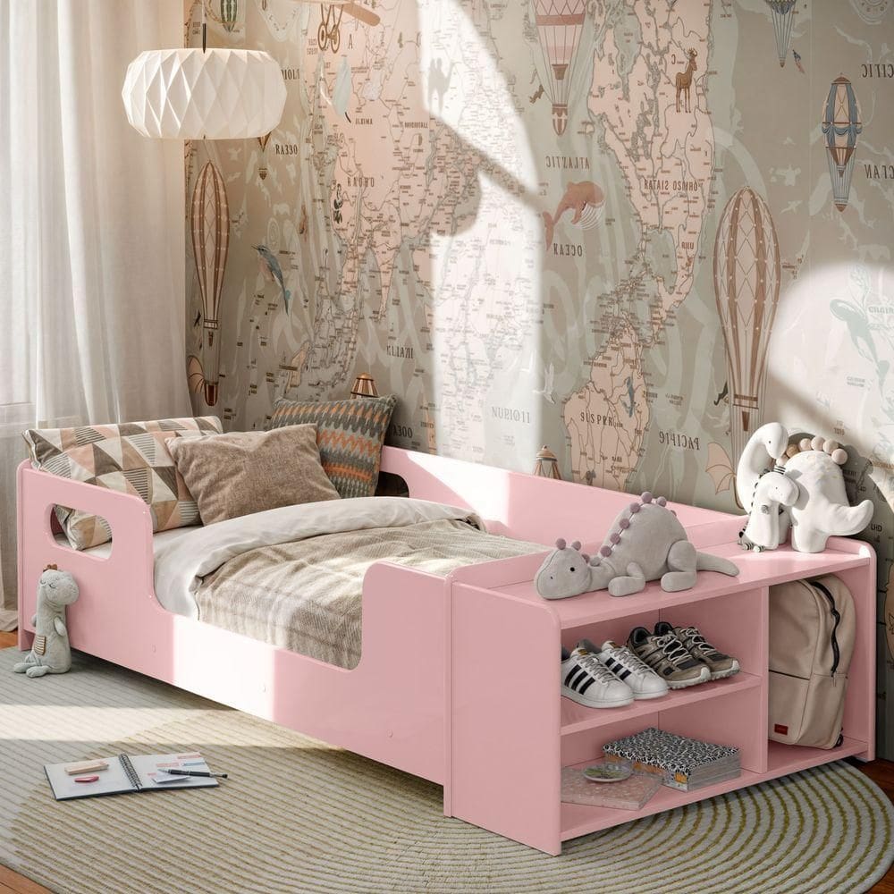 Cama Infantil Aconchego Com Grades E Sapateira Rosa