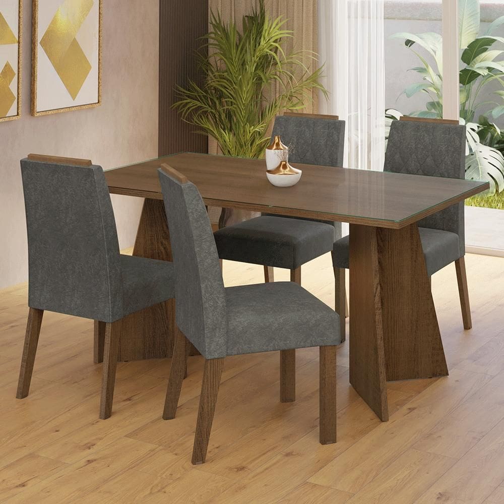 Conjunto Sala de Jantar Mesa Tampo de Vidro 4 Cadeiras Rustic/Silver Porto Madesa