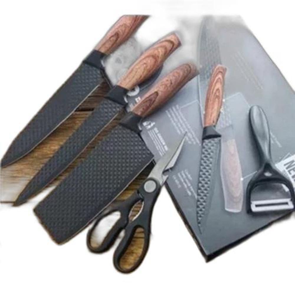 Super Jogo 6 Facas Cozinha Cutelo Tesoura Churrasco